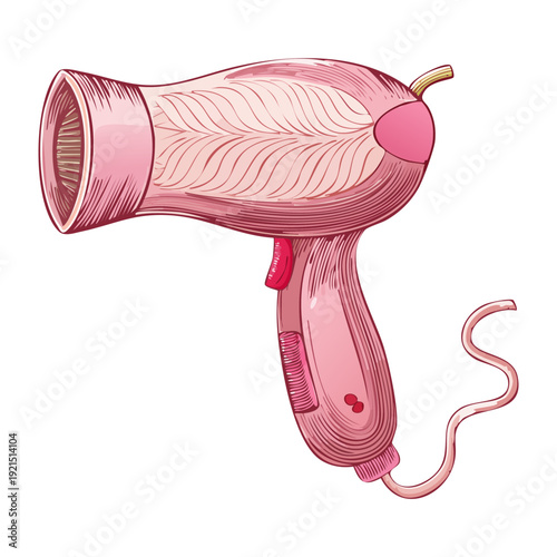 Illustration of a pink hair dryer for a stylish and feminine beauty salon and hair care routine graphic design
