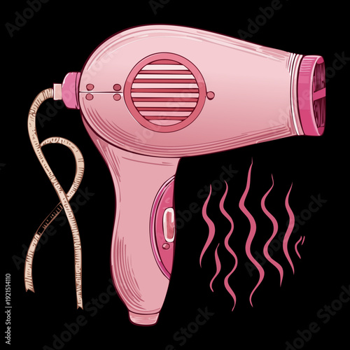 Illustration of a pink hair dryer with heat waves on a black background for a powerful and modern hair care concept