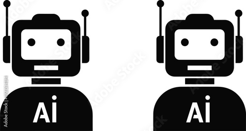 Artificial intelligence robot icons with antennas, rectangular head, circular eyes, minimalistic design, AI lettering, futuristic technology concept, digital innovation artwork illustration
