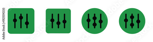 Set of four simple solid green slider controls isolated on white background, in square and circular shapes