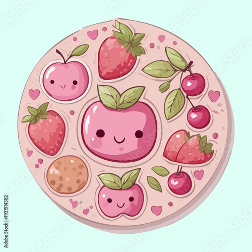 Illustration of a cute pink circular fruit emblem featuring sweet strawberries and apples with tiny faces and heart patterns for healthy snacks