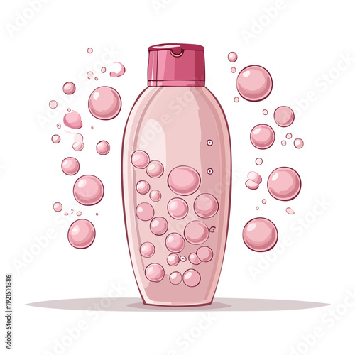 Illustration of a pink perfume or soap bottle with bubbles for a sweet and feminine beauty and bath care routine theme