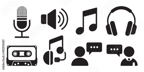 Collection of seven black and white audio and communication icons on a white background