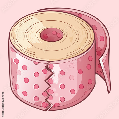 Illustration of a decorative pink toilet paper roll with heart patterns and soft cream highlights for creative home hygiene products
