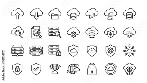Cloud Computing, Data Storage, and Network Security Outline Icons. Modern Digital Technology and Online Protection Vector Symbol Collection.