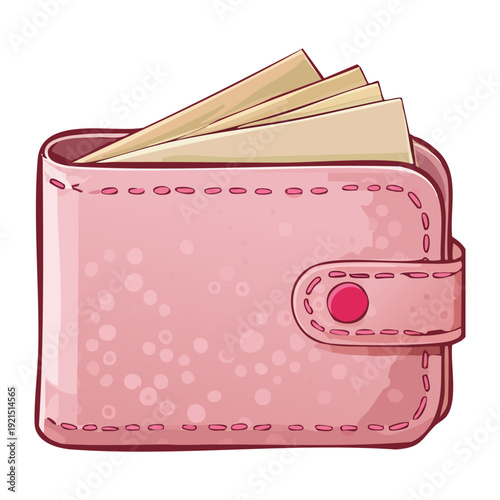 Illustration of a stylish pink leather wallet filled with cash banknotes for personal finance and money management concepts