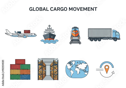 Global cargo transportation and logistics infographic with various shipping methods illustrated