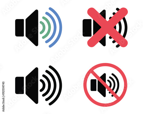 Audio speaker volume icon set with various mute and sound levels including colorful waves and red cancel marks