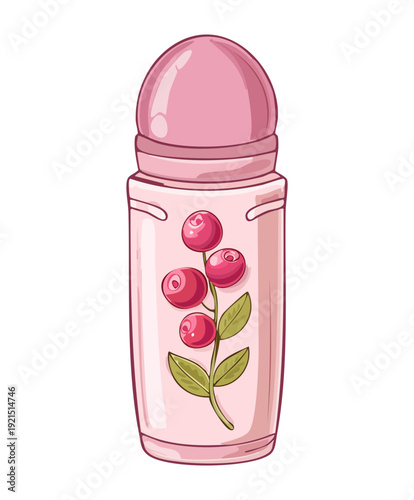 Illustration of a pink perfume or lotion bottle with berry decorations for feminine skin care and beauty routine