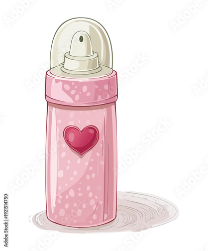 Illustration of a small pink mist bottle with heart shapes for romantic gift sets and travel sized beauty products