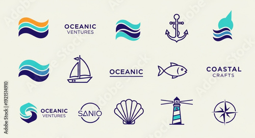 Collection of nautical and ocean themed graphic design elements.