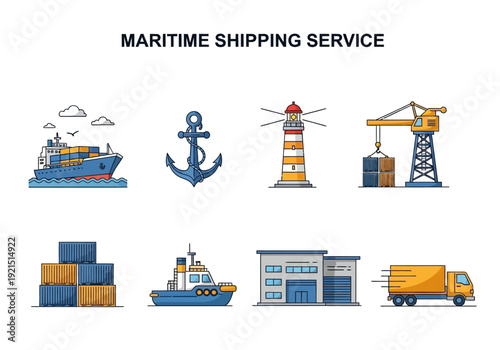 Maritime Shipping Service Icons Ships, Anchors, Lighthouses, Cranes, Containers, Buildings and Trucks