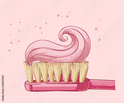 Illustration of a pink toothbrush with a thick swirl of strawberry flavored toothpaste for dental health care