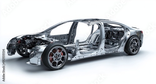 sleek silver car chassis with exposed structural frame, wheels and red brake calipers, open door apertures and bare interior skeleton on white background conveying futuristic technical precision