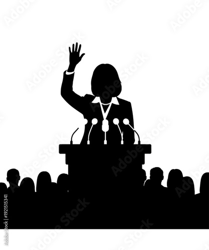 Businesswoman speaking at podium with audience in conference leadership success presentation