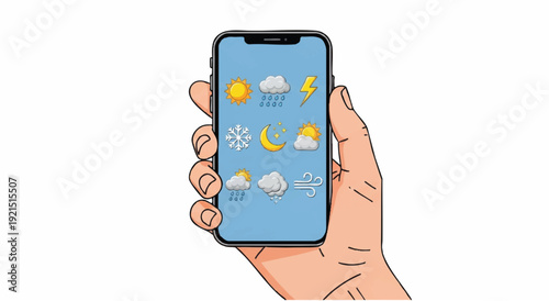 Illustration of a hand holding a smartphone with a weather app on the screen against a white background.