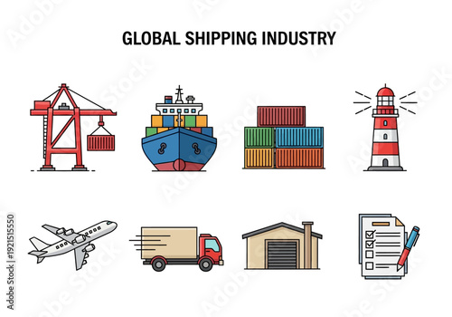 Global Shipping Industry Icons Logistics, Transportation, and Maritime Commerce
