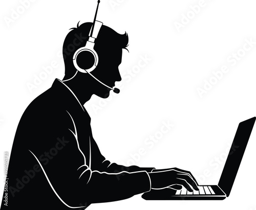 Customer support operator silhouette, call center agent working on laptop, headset communication service concept, remote technical assistance, black and white vector illustration