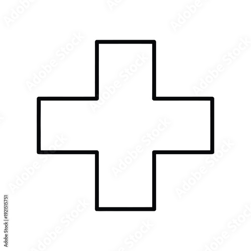 Simple outline of a medical cross symbol is depicted against a white background for healthcare concepts.