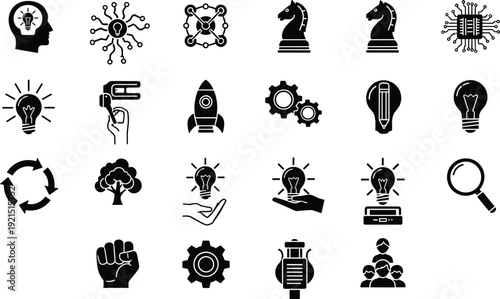 Creative innovation icons set, idea symbols, startup strategy concepts, technology development, business growth, problem solving, inspiration elements, black vector illustration, collection pack