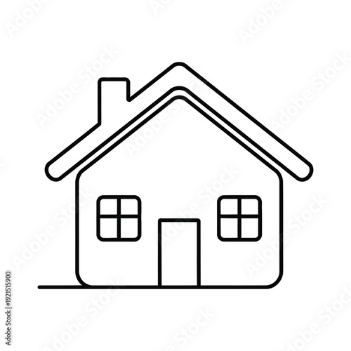 Simple line art illustration of a detached house structure with a pitched roof, chimney, door, and two windows on a plain background.
