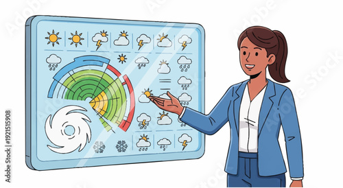 A woman in a blue business suit presents a weather forecast on a large screen displaying various weather symbols and a hurricane icon.