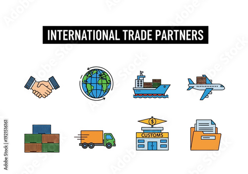 International Trade Partners and Logistics Icons - Global Commerce and Shipping symbols