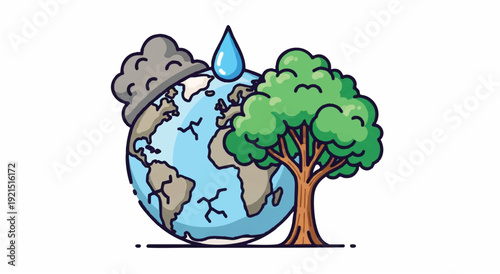 A cartoon illustration of a globe with a water drop and a green tree, symbolizing environmental conservation on a white background.