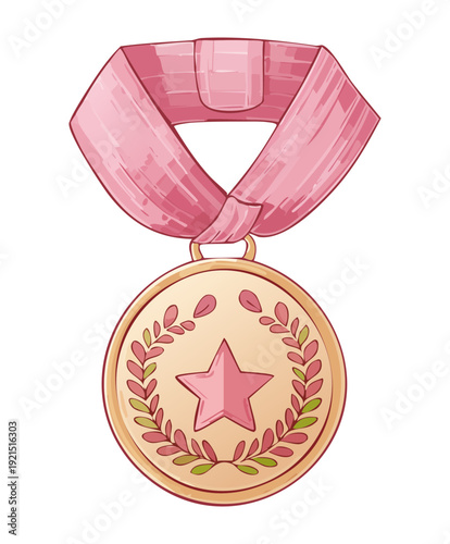 Illustration of a gold and pink circular medal with a star and olive branches for rewarding achievements in a feminine style