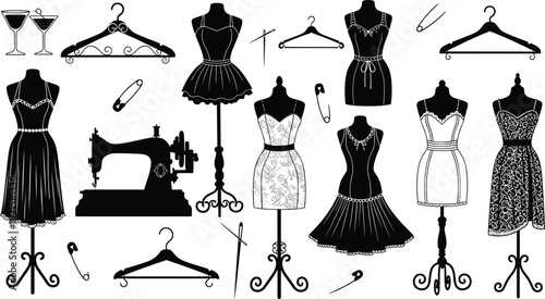 Fashion design illustration with dress forms, sewing machine, hangers, needles, thread, pins, cocktail glasses, elegant dresses, creative garment making tools