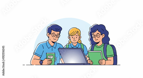Three diverse colleagues collaborating on a laptop in a casual office setting with a relaxed atmosphere and pastel background.