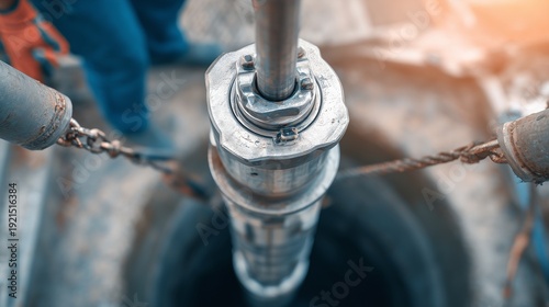 Submersible water pump being lowered into a deep borehole with metal pipe system and wire rope, representing well drilling and installation.