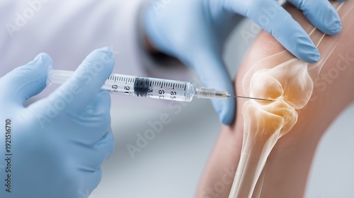 Gloved clinician injecting platelet-rich plasma into a knee, highlights minimally invasive regenerative therapy for joint pain and cartilage healing.
