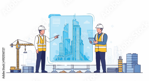 Two construction workers in hard hats and vests discussing a building blueprint on a large screen with a cityscape background and construction equipment.