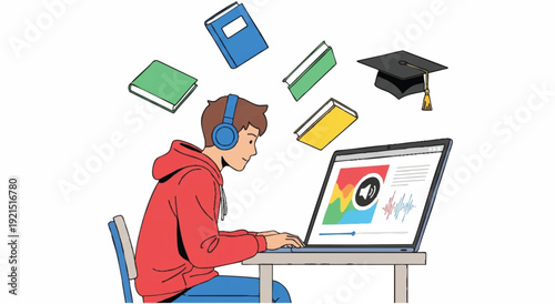 Illustration of a young man wearing headphones and sitting at a desk with a laptop and books floating around him, with a graduation cap nearby, against a clean white background.