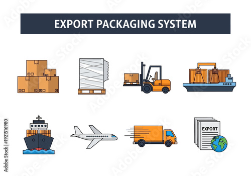 Export Packaging System Logistics and Shipping Icons for Global Trade Solutions