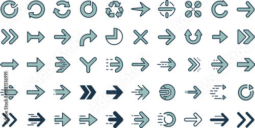 collection of fifty diverse arrow icons showing direction, motion, rotation and navigation designs in modern vector style