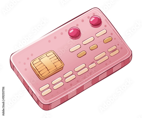 Illustration of a pink credit card with heart patterns and gold chips for feminine banking and romantic shopping payment themes