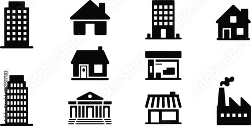 set of twelve building icons including houses, offices, bank, shop and factory in simple black vector style