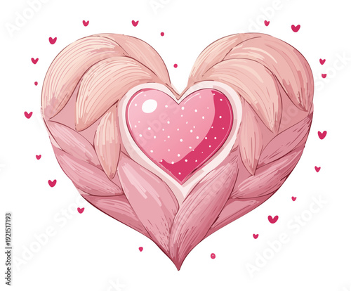 Illustration of a heart shaped pink fluffy cloud with wings for romantic dream themes and feminine imagination or love icons