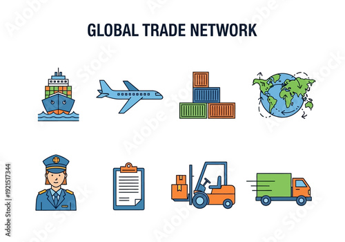 Global trade network of logistics and transportation icons, including ships, planes, trucks, and a globe