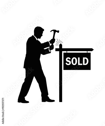 Businessman hammering sold sign real estate success victory celebration property sale