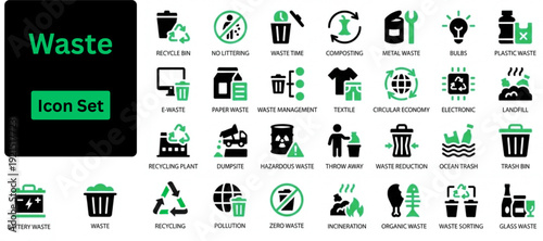 Silhouette vector of Waste icon set. Icons of recycling, litter, trash, pollution, landfill, waste management, composting, waste sorting and more.. Solid icons set.