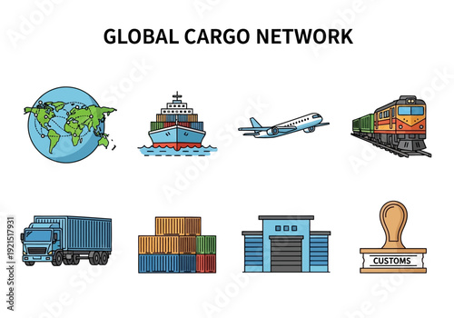 Illustrations depicting various modes of transportation and logistics for global cargo networks