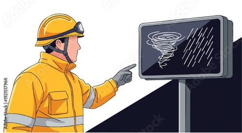 Illustration of a fireman in a yellow uniform pointing at a digital sign displaying a tornado warning with a white background.