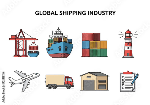 Global Shipping Industry Icons Logistics, Transportation, and Commerce Symbols