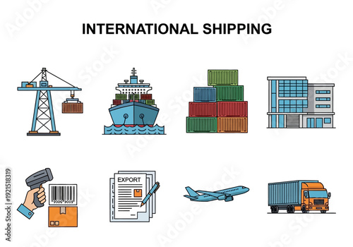 International Shipping and Logistics Icons Cargo, Crane, Container Ship, Warehouse, Scanner, Airplane, Truck, Document