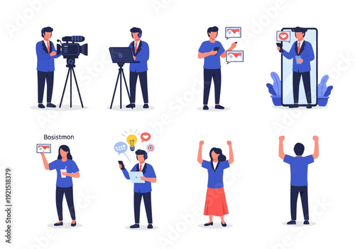 Modern digital communication concepts illustrated, featuring content creators, live streaming, social media engagement, and professional broadcasting scenarios showcasing online interaction