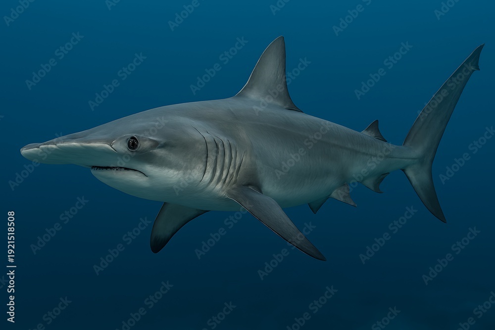 Obraz premium A blue shark swimming in the deep ocean waters, viewed from the side with fins visible.