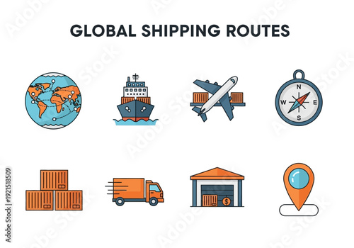 Global Shipping Routes and Logistics Icons Representing Transportation and Delivery